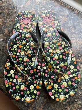 Tory Burch Black Floral Logo Flip Flops with Multicolor Flowers